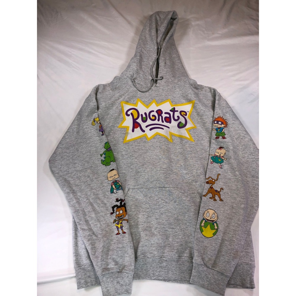 Nickelodeon Rugrats Graphic Hoodie Gray Mens Large 90s Cartoon Characters Stains